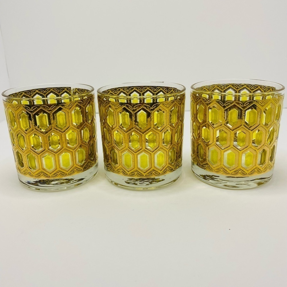 West Virginia Madrid vintage Gold Embossed Hexagon Windows Rock glasses. #7
